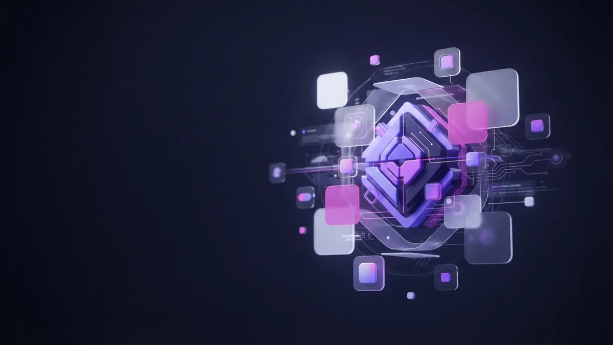 Geometric Agile workflow modules showing linked benefits with violet and magenta glow