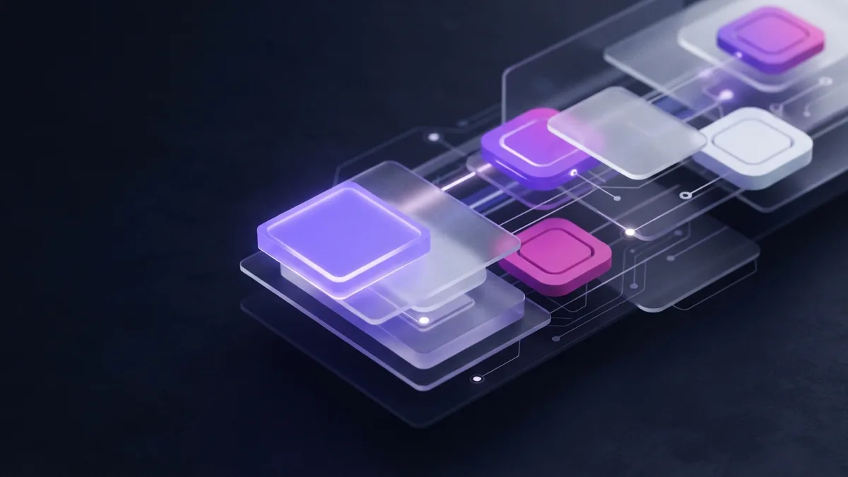 Layered geometric release path showing faster software delivery in dark violet tones