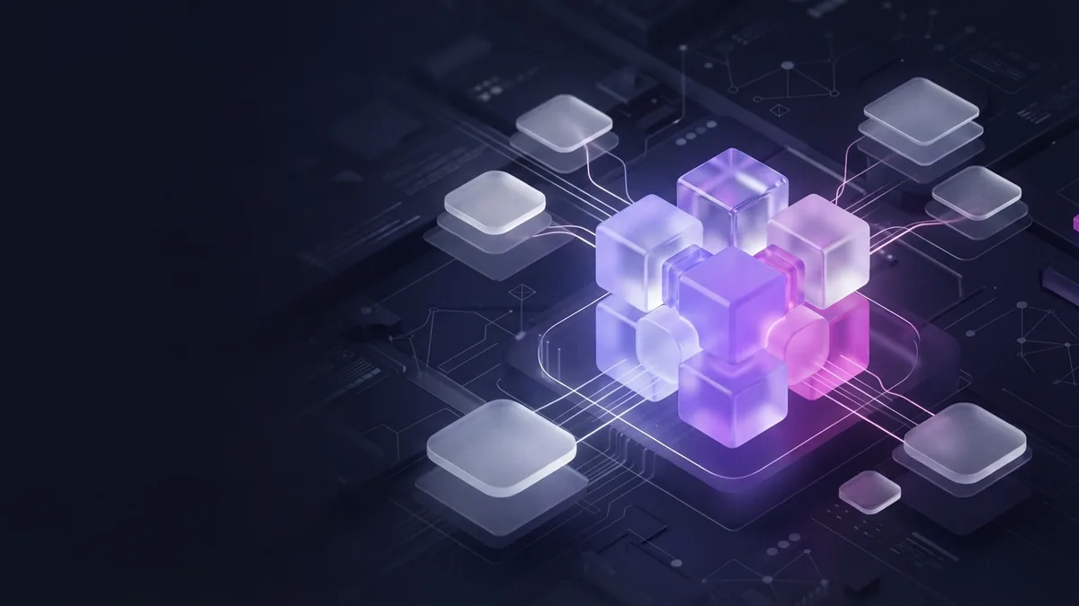 A central agile goal connects related work modules in a dark violet geometric scene