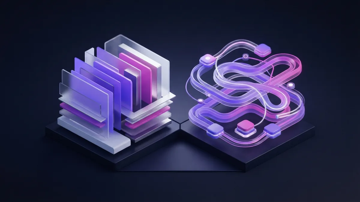 Two agile workflow systems compared Abstract 3D comparison of two agile workflow systems in violet and magenta