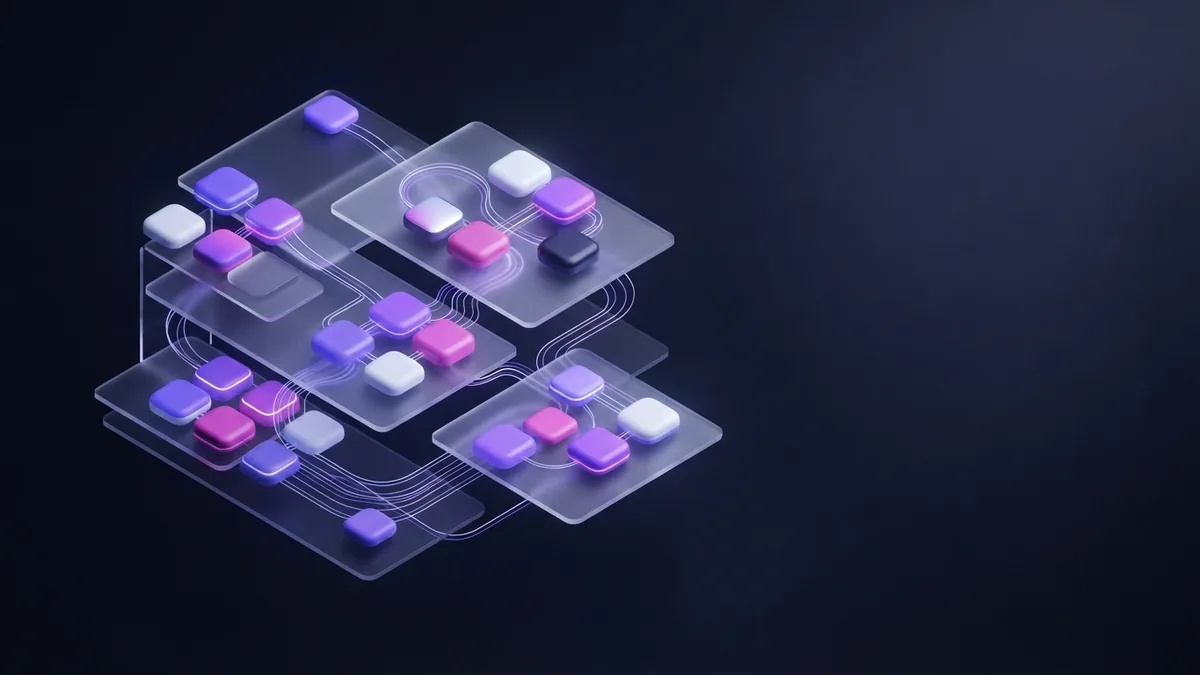 Abstract sound parts and linked forms Blank glass planes and linked modules represent the parts of a spoken word.