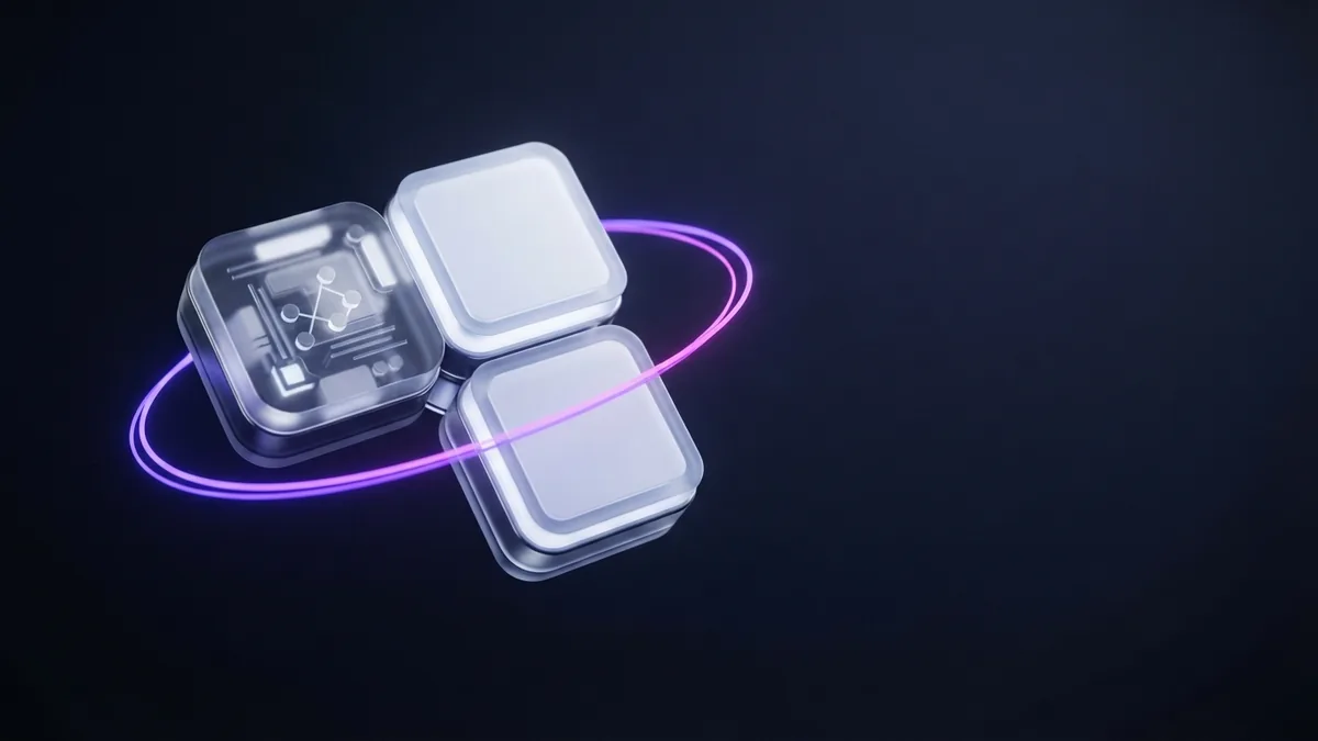 Three blank connected modules form one compact cluster against a dark indigo field.