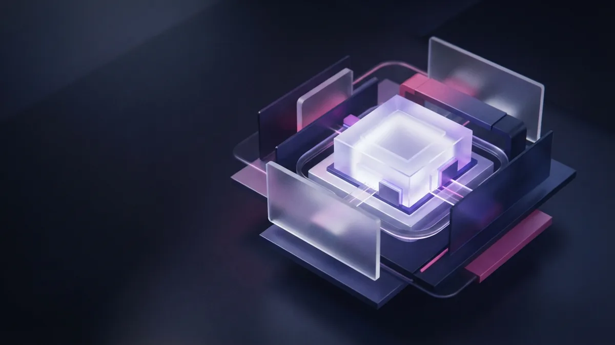 A modular 3D structure shifts around a bright focal block to suggest flexible work.
