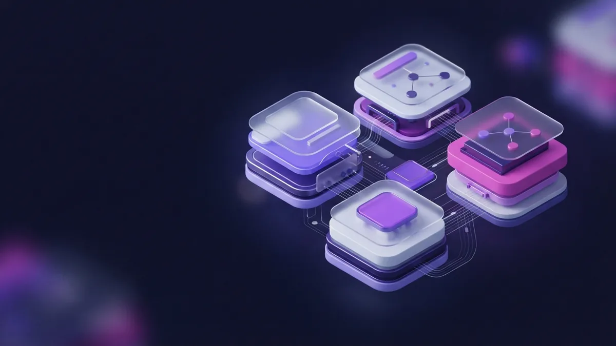 Isometric 3D modules connected in a dark violet system representing Agile work methods