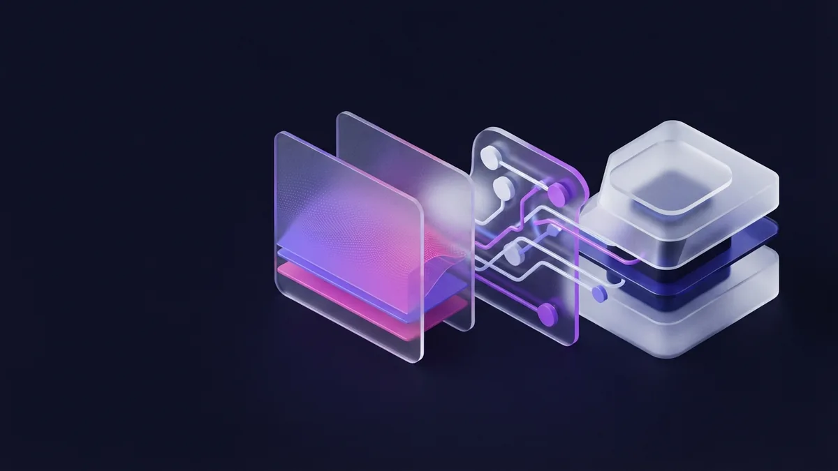 Three abstract glass modules representing the backlog, sprint plan, and product increment