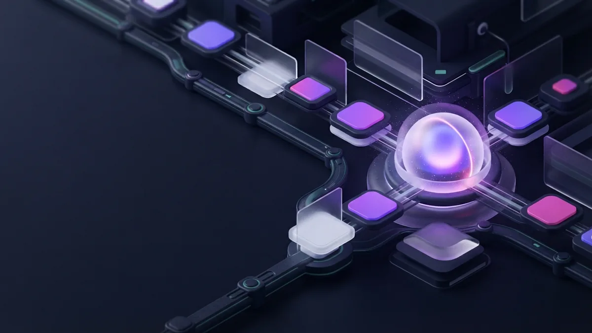 Isometric 3D modules showing the stages of an app development process