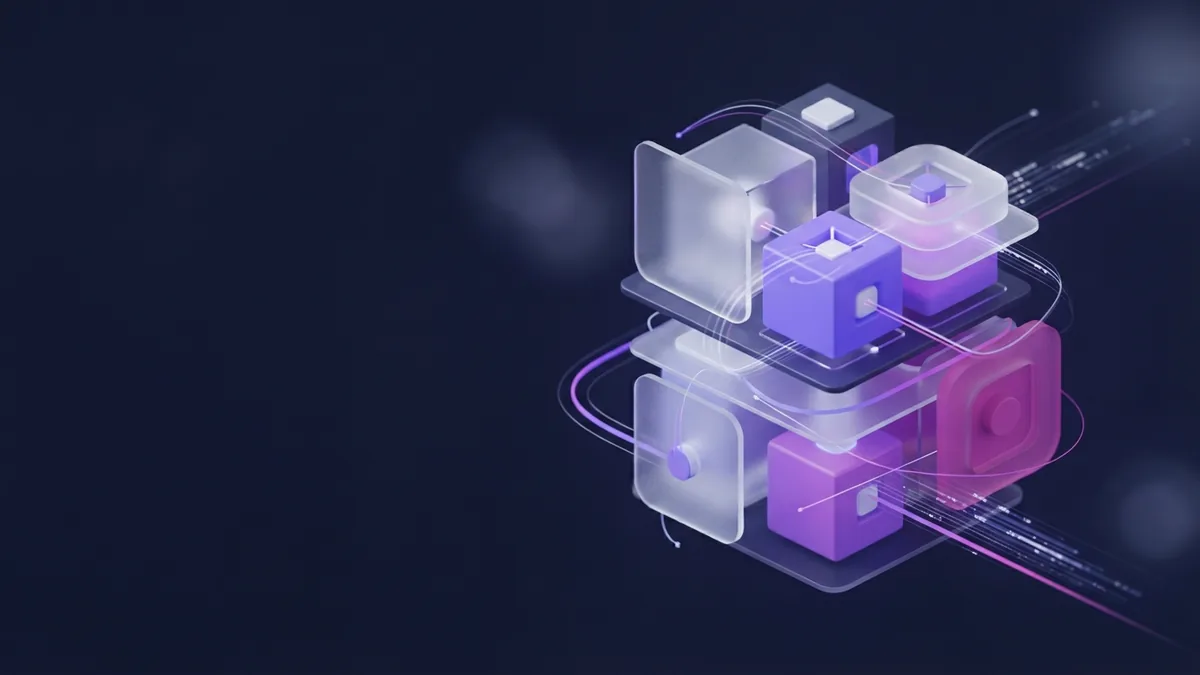 Reusable cloud infrastructure modules Reusable cloud modules linked by violet light trails in a dark technical setting