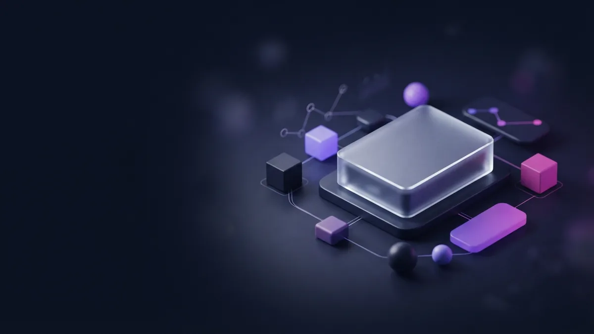 Frosted glass server module with blank geometric blocks in a dark violet and magenta scene