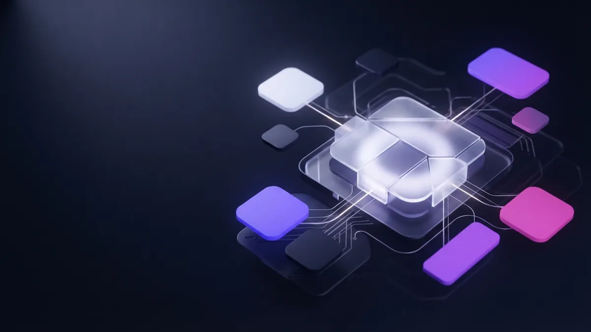 Abstract MCP feature modules linked by violet and magenta data paths on an indigo background
