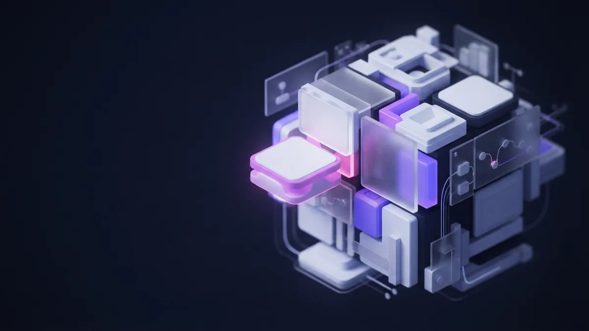Abstract view of a tested server connection Blank geometric modules forming a tested connection against a dark violet-indigo backdrop