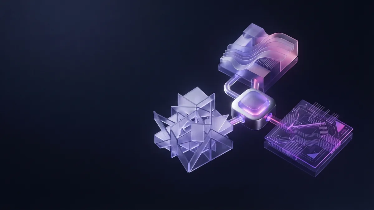 Abstract modules for AI work tasks Abstract modules connected to a central node suggest varied AI work tasks