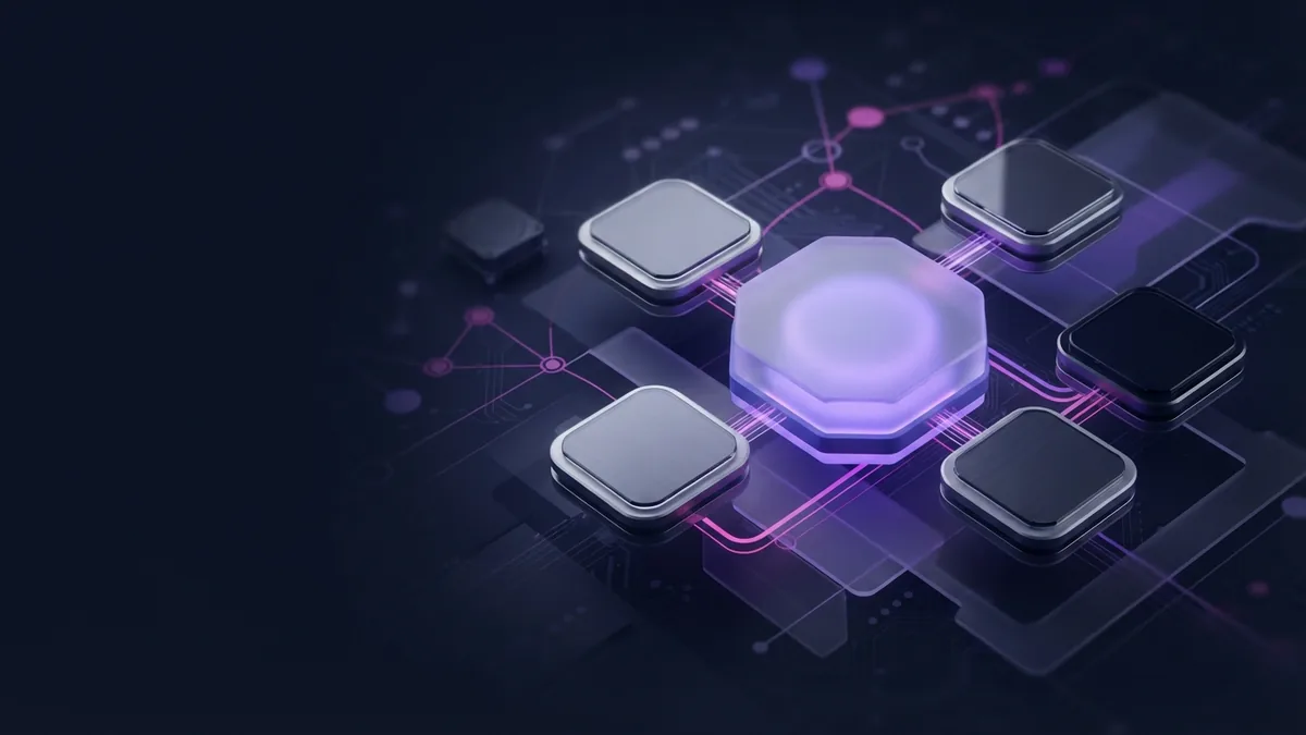 Abstract MCP gateway linking project tools in a dark violet technical scene