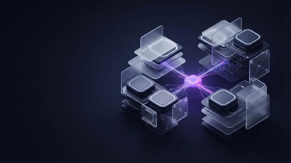 MCP connection setup concept Isometric modules joined through a glowing connection point for MCP setup