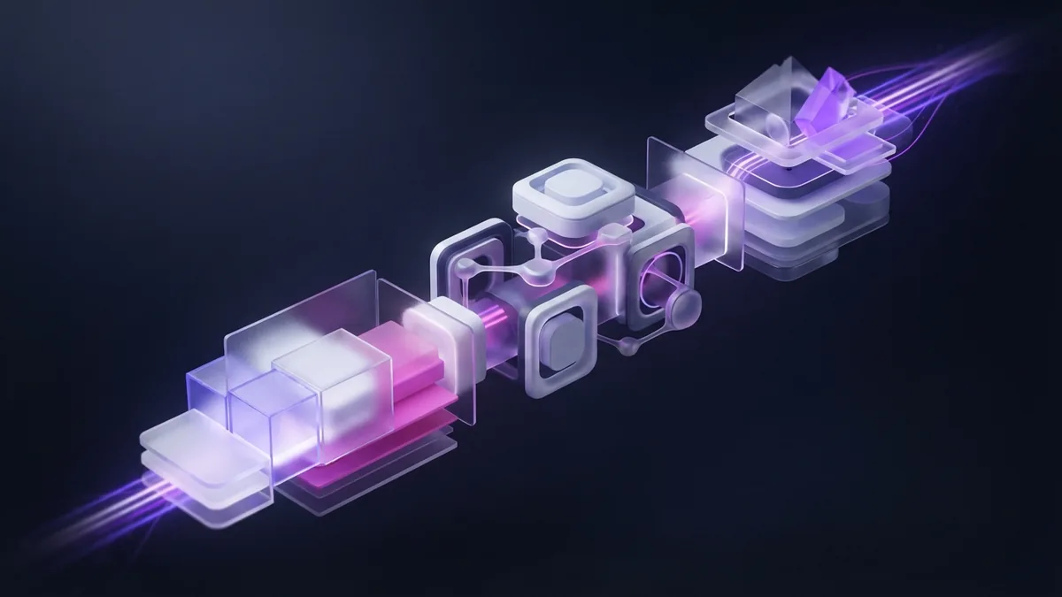 Cloud development pipeline Abstract cloud development pipeline with geometric stages and purple light trails