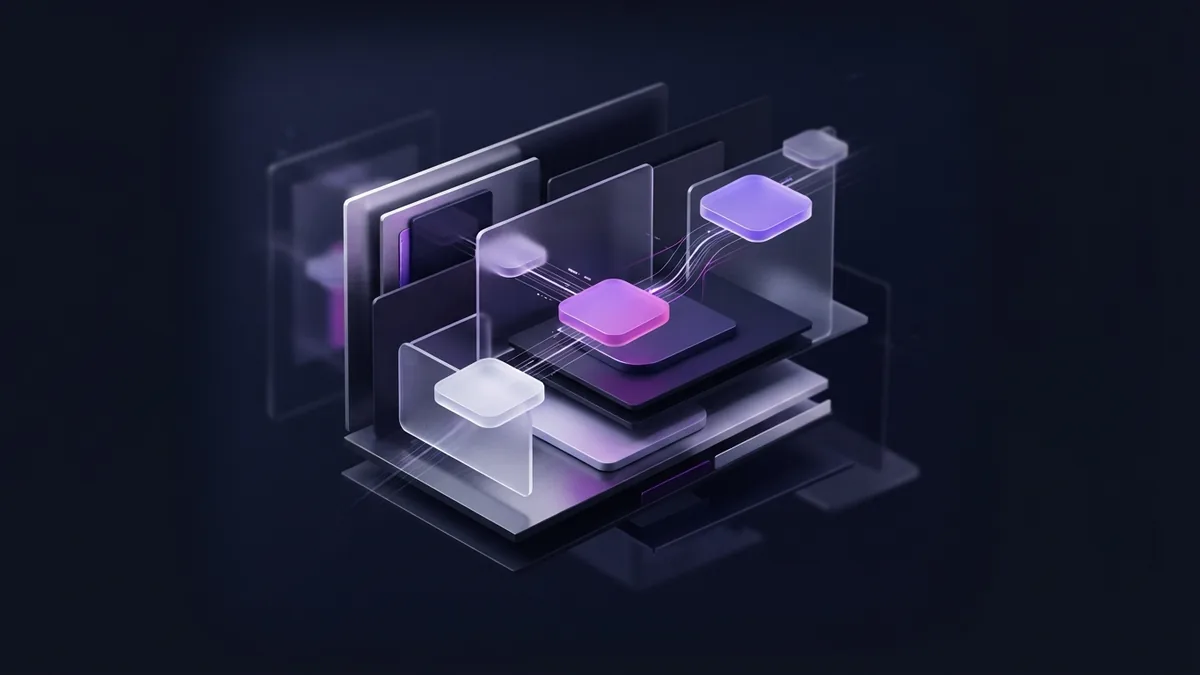 Connected frosted glass modules suggest flexible teamwork across cloud workspaces