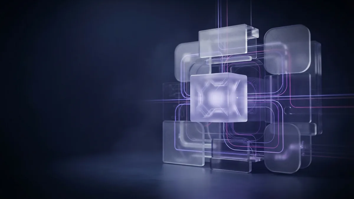 Modular glass blocks linked by light paths evoke containers and microservices