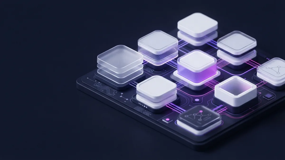 Isometric cloud native system with modular services and glowing connection paths