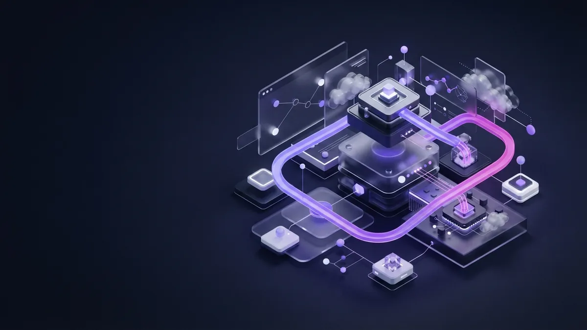 Layered cloud and system modules joined by a violet path for software deployment