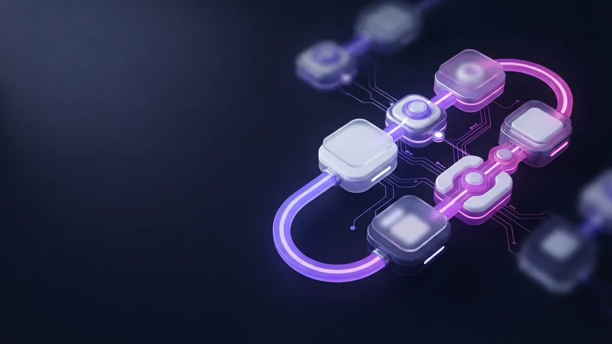 Connected 3D modules showing a smooth flow through software development stages