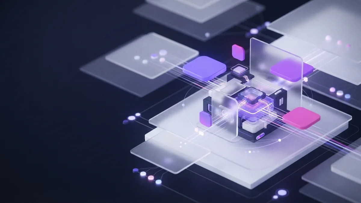 Automated software delivery flow Abstract glowing nodes and layered planes representing automated software build and release steps