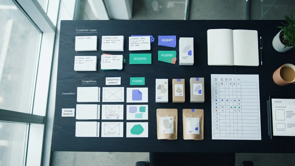 Market research workspace with customer notes, rival price checks, and product testing plans