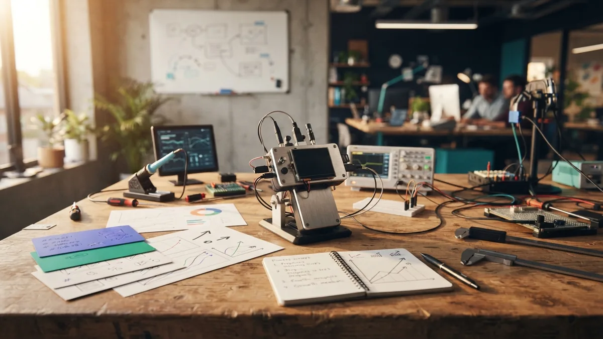 Early product testing setup with a simple prototype, feedback notes, and growth measures