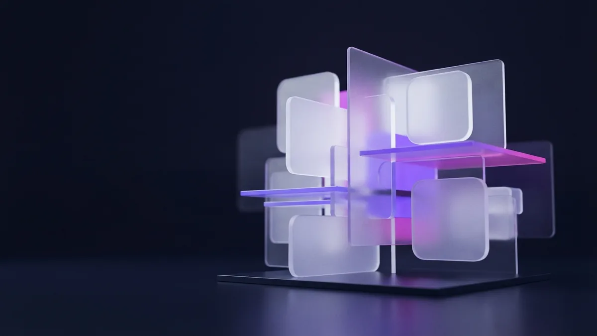 Balanced frosted glass forms in violet light representing employee wellbeing and workplace support