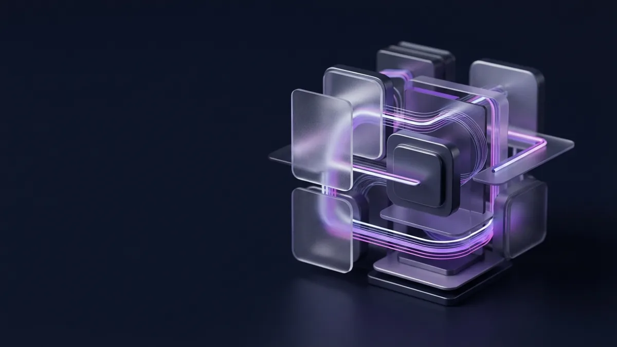 Abstract modular glass structure with violet light paths representing future HR tools and growth