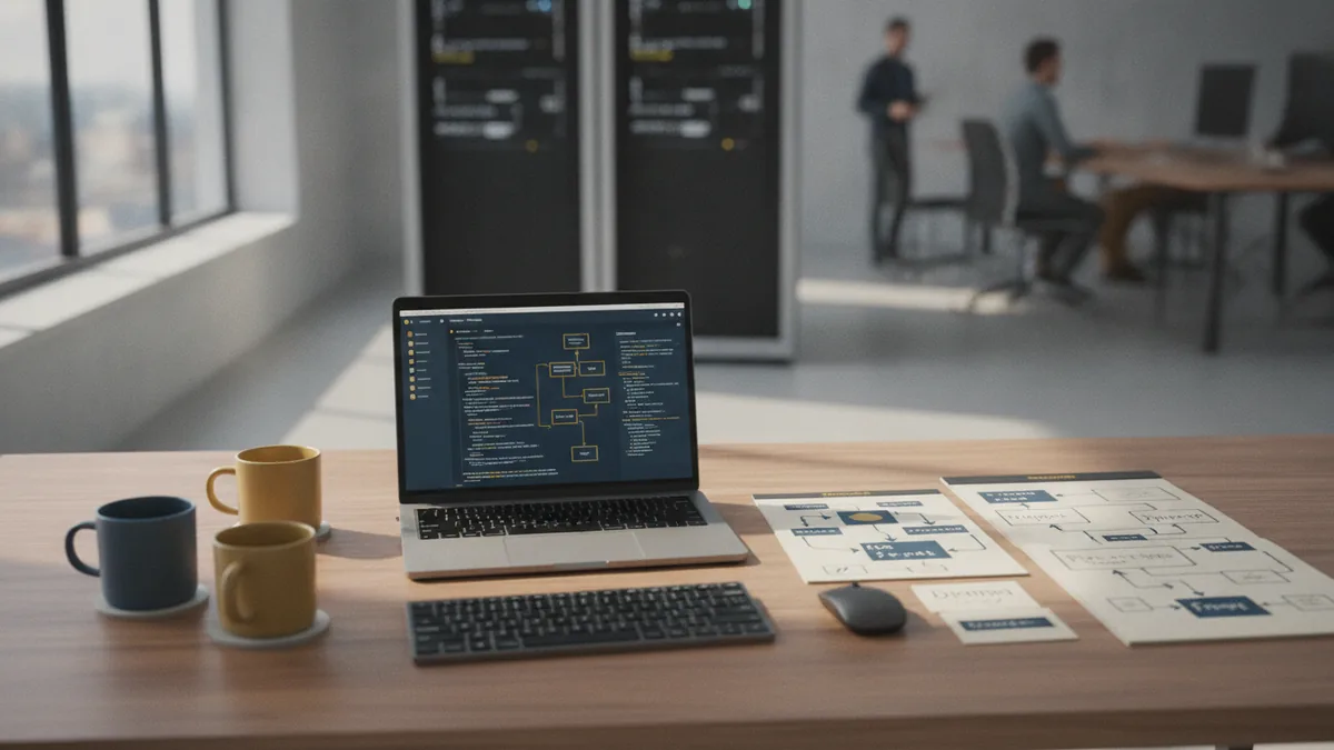Comparing Python web frameworks Python developer comparing web frameworks on a desk with code notes