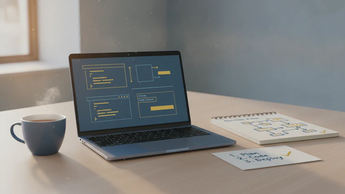 Beginner building a small Python web app at a tidy workstation