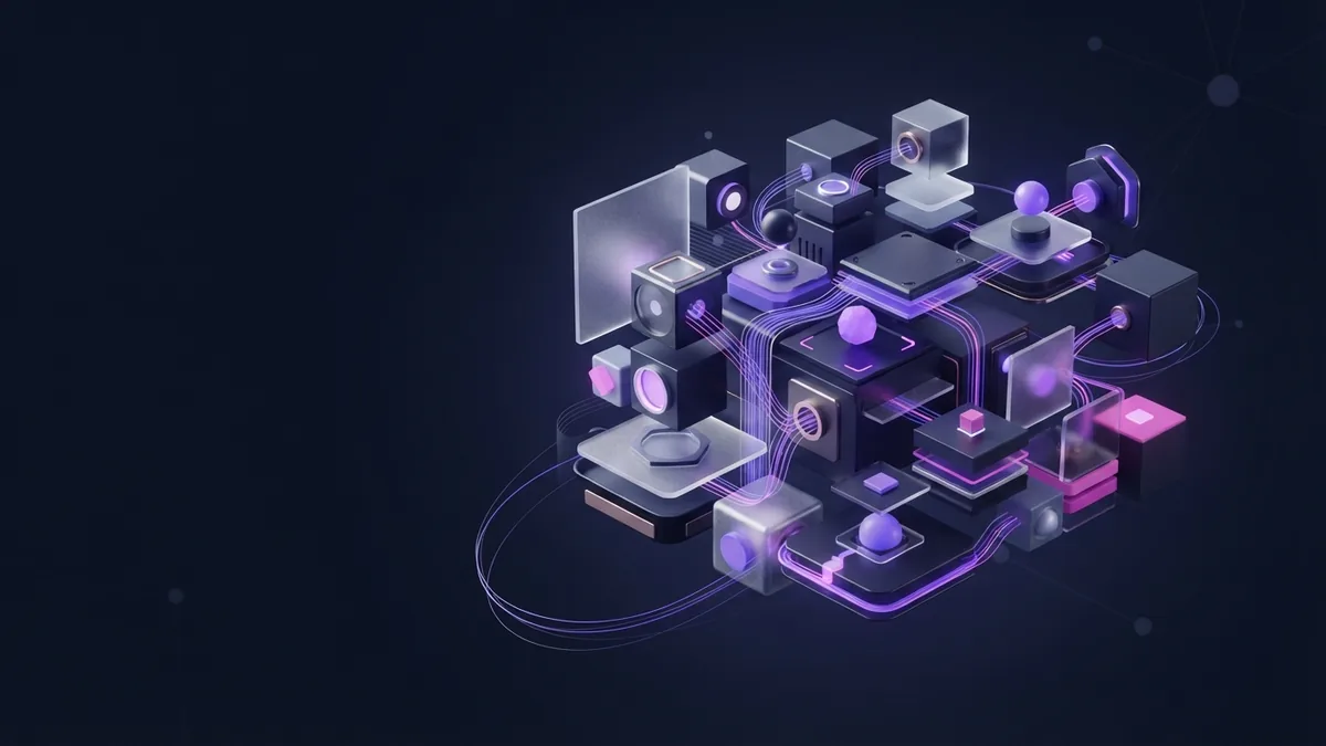 Modular coding concept Geometric modules linked together represent coding tasks handled by language models