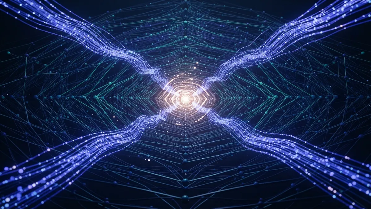 Abstract AI training system showing data moving through layers and improving model patterns