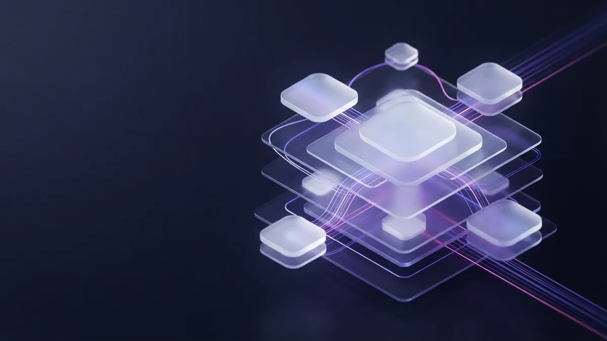 Blank glass modules linked by glowing paths suggest an AI model workflow