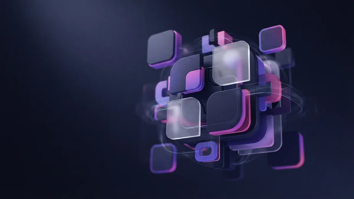Modular app feature concept Layered geometric modules represent flexible features in an AI app builder