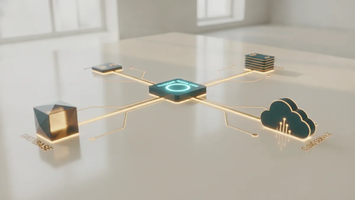 How an agent plans and acts Layered diagram-like scene showing an AI agent planning tasks through connected services