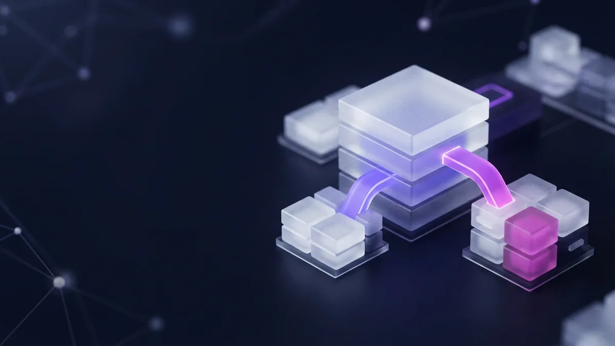 Credential value and career growth Abstract glowing credential blocks linked by a violet bridge on a dark background