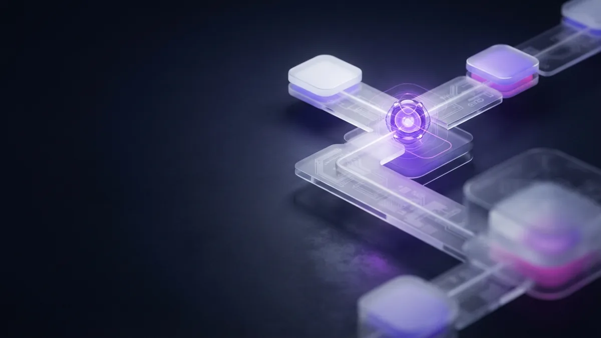 Structured certification study path Abstract modular learning path with glowing violet forms on a dark navy setting