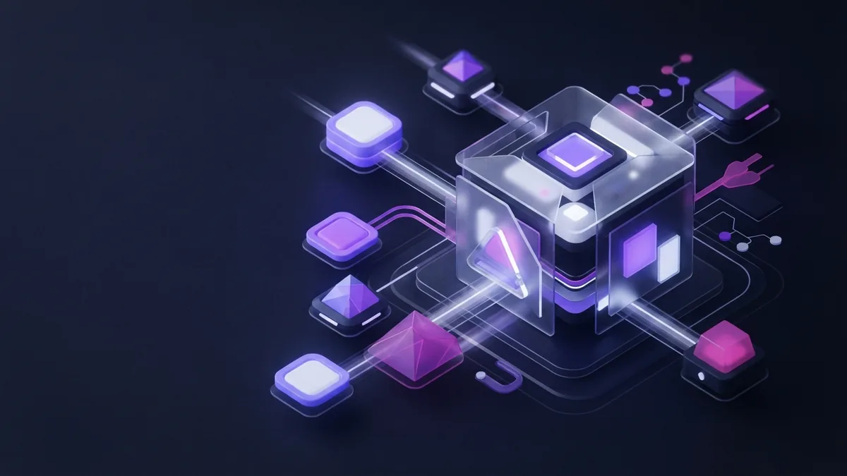 Isometric business modules converge on a central form to suggest efficiency and focused work