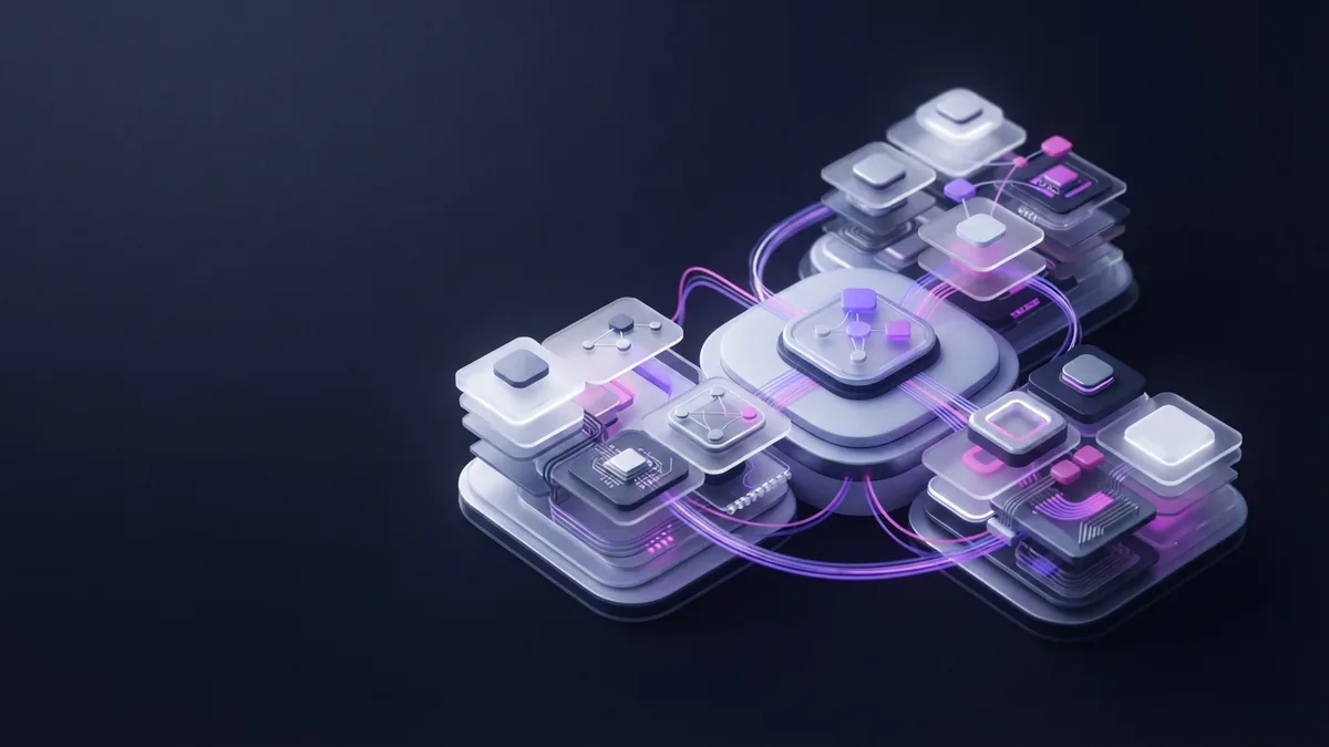 Different service types linked to one platform Three connected geometric module groups representing different outsourcing service types