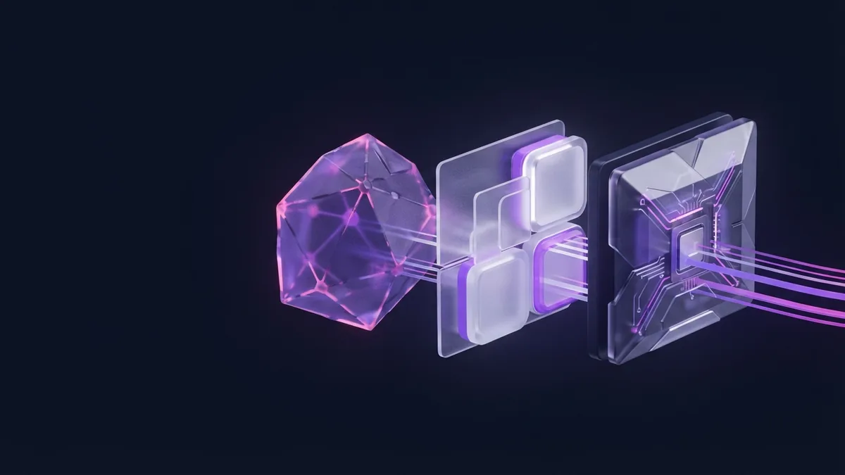 Product concept moving toward production Abstract product module shown through layered design and build stages in violet and magenta light