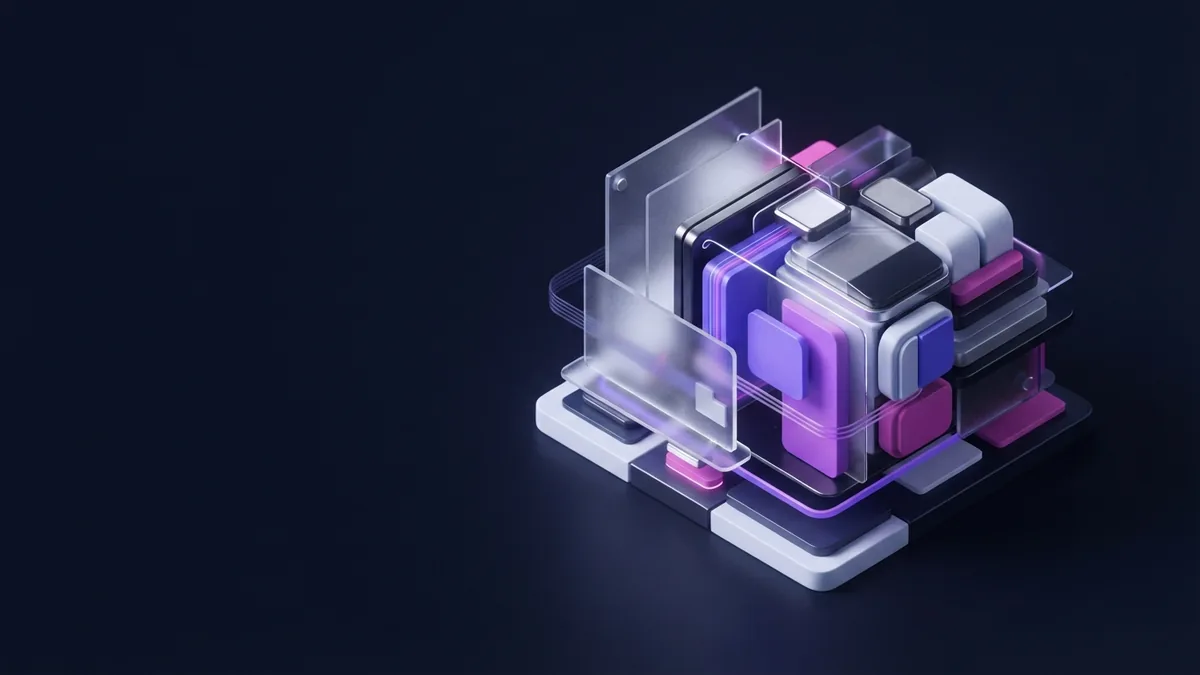 Engineering skills in a geometric composition Geometric engineering modules and material forms arranged on a dark indigo background