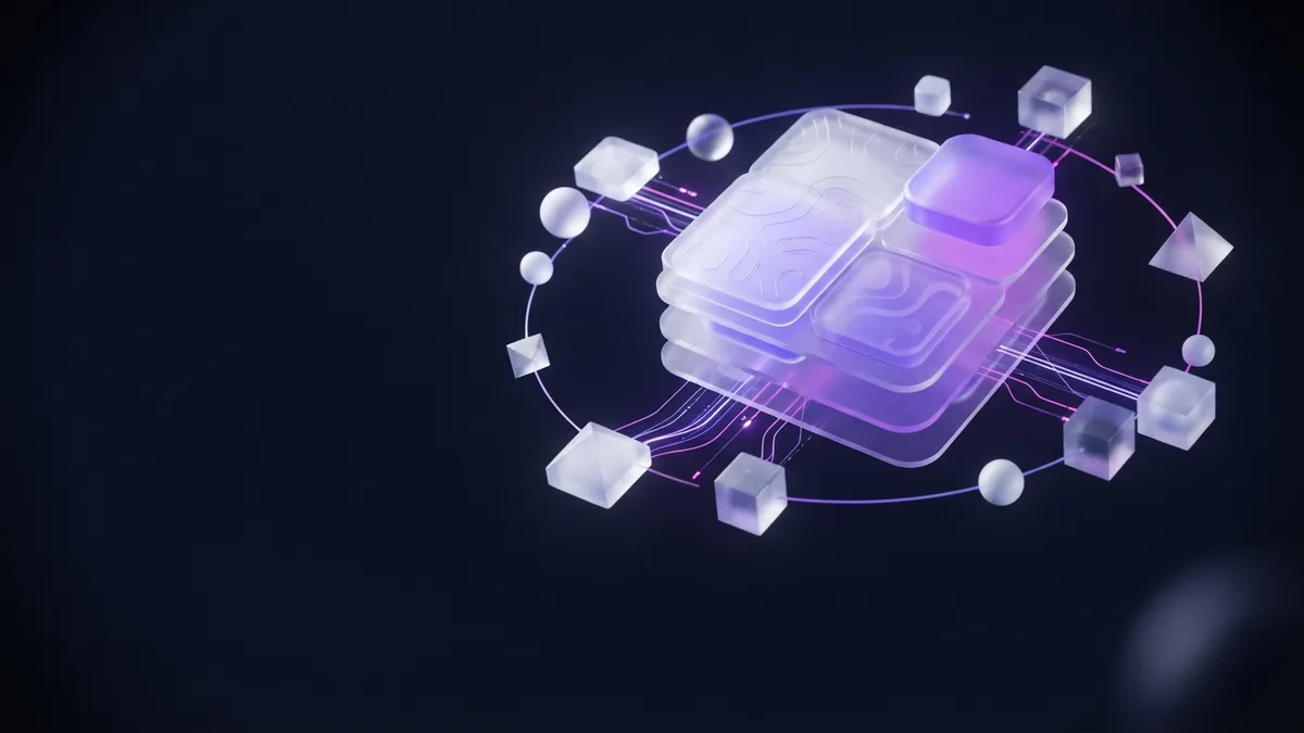 Connected cloud software modules with violet light trails on a dark background