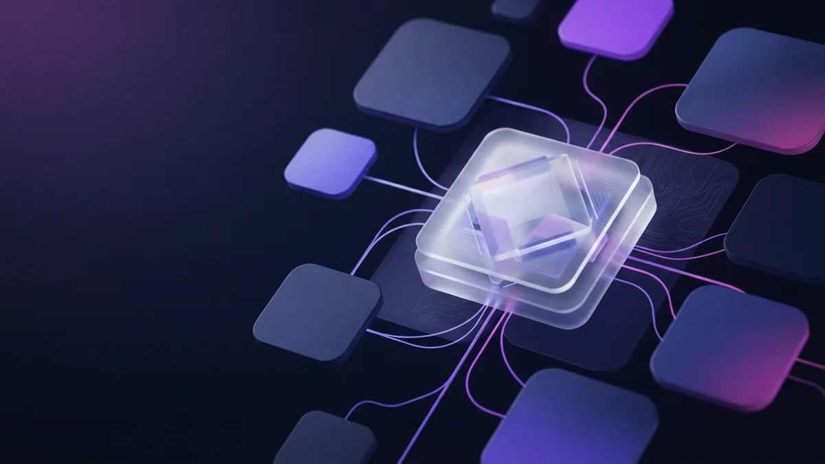 A central cloud service node links blank software modules in a dark abstract 3D scene