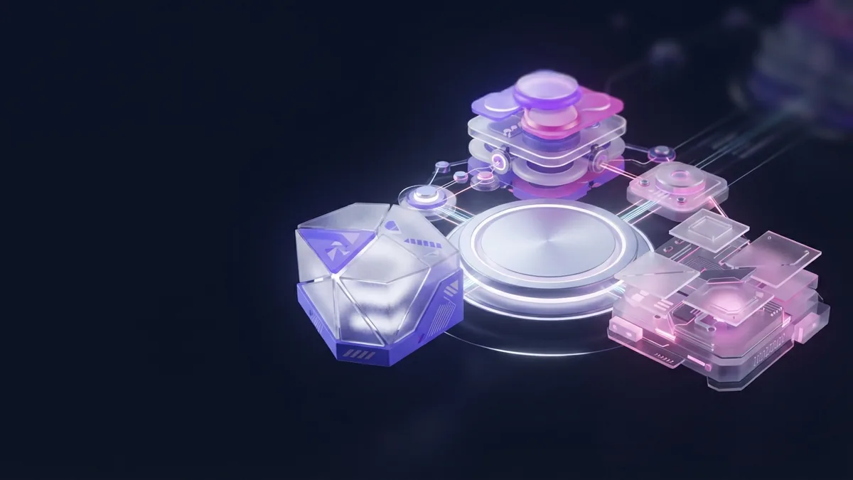 Connected SaaS tools on a shared platform Blank geometric software modules gather around a shared platform in a dark violet scene