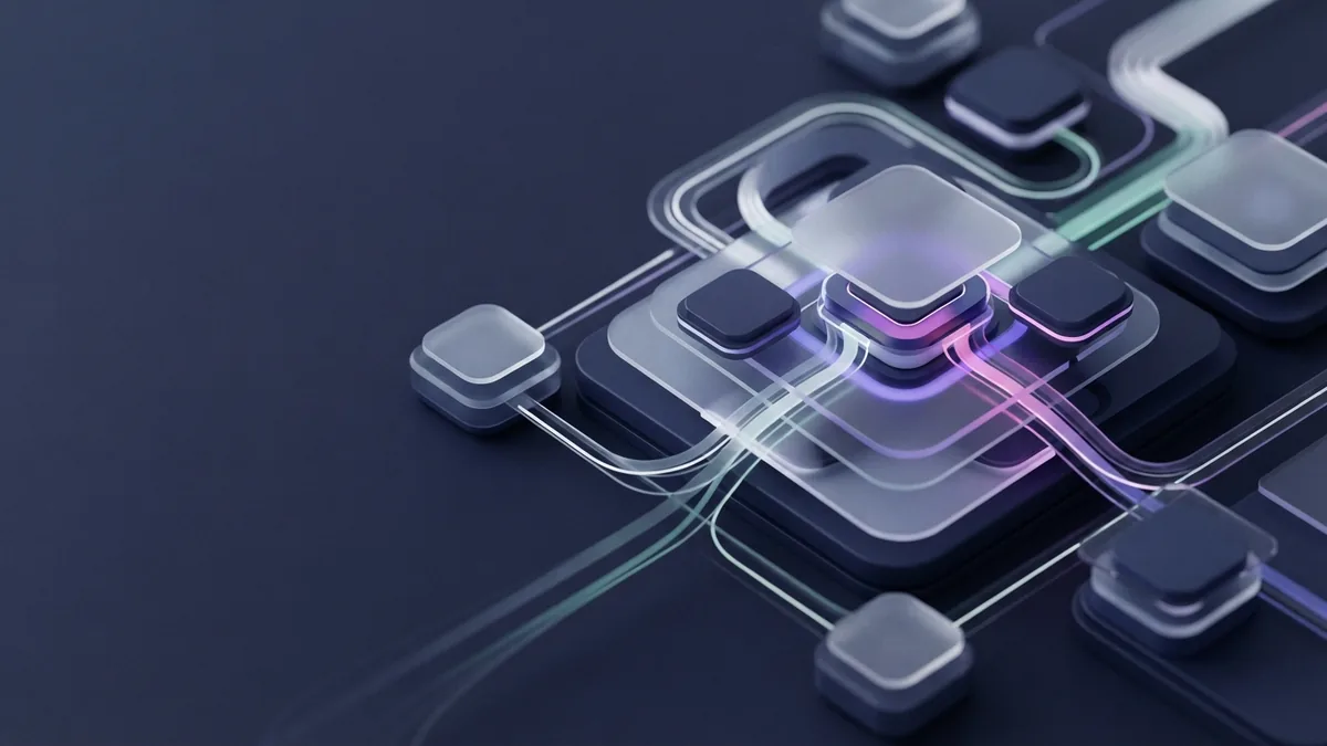 Isometric SaaS modules linked by glowing data paths in a dark enterprise setting
