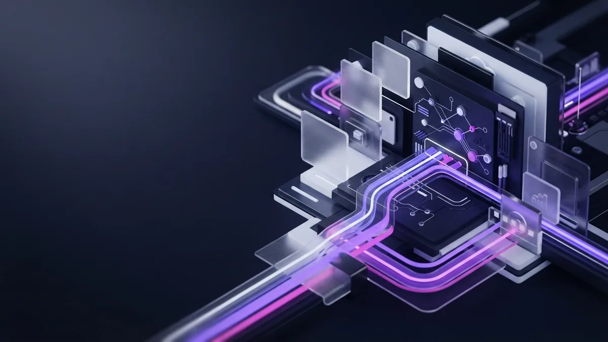 Abstract geometric sales process with connected nodes and violet light trails