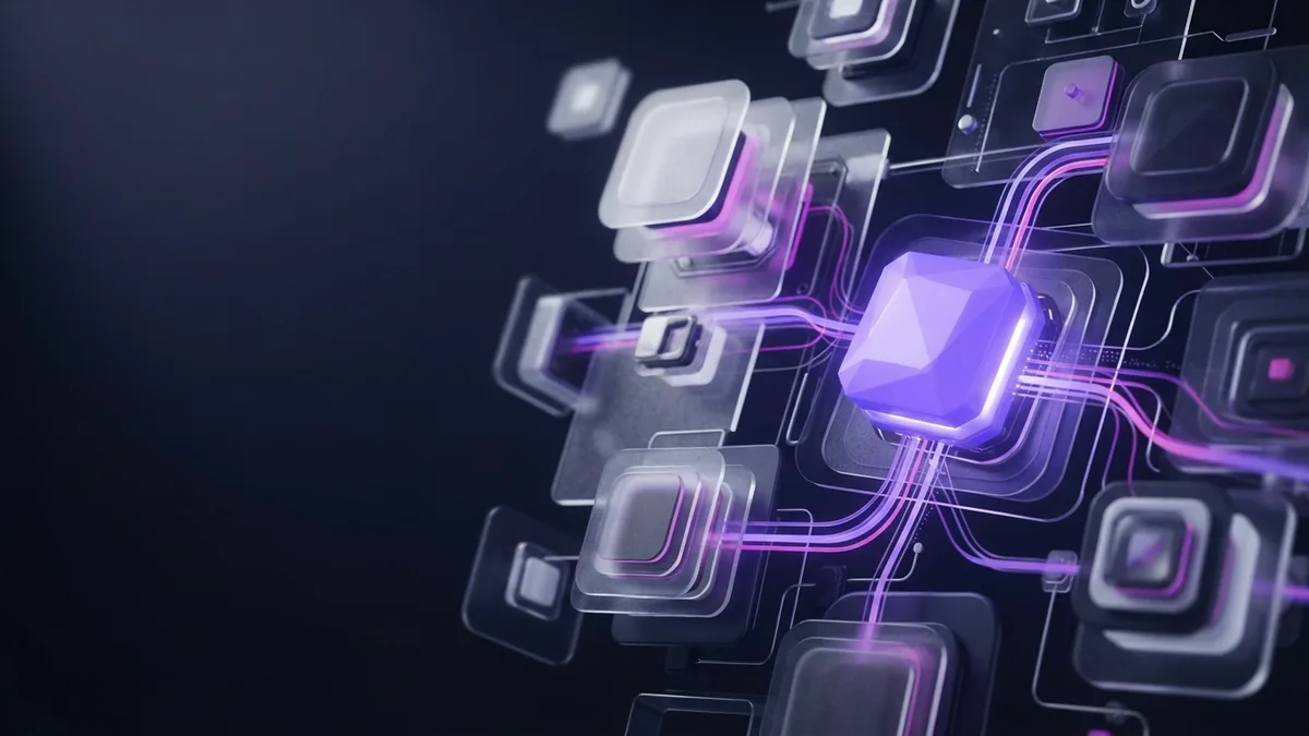 Abstract SaaS strategy modules joined by precise violet light paths