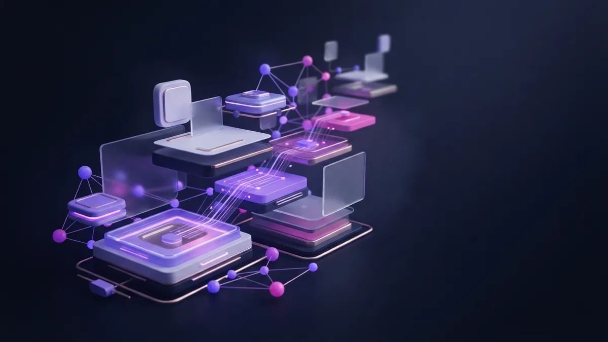 Abstract geometric career growth path with violet nodes on a dark background