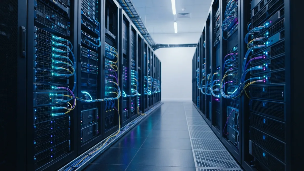Cloud systems behind SaaS Cloud data centre servers supporting online software services with blue light