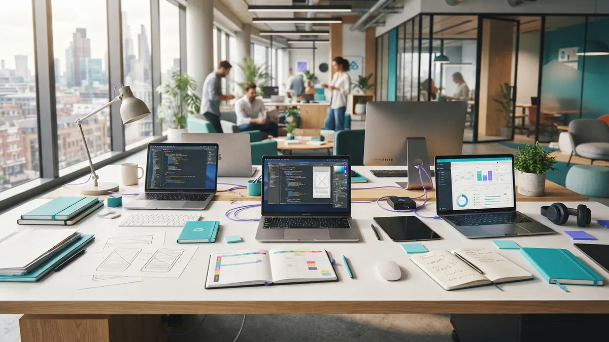 Business team workspace with shared cloud tools on several devices